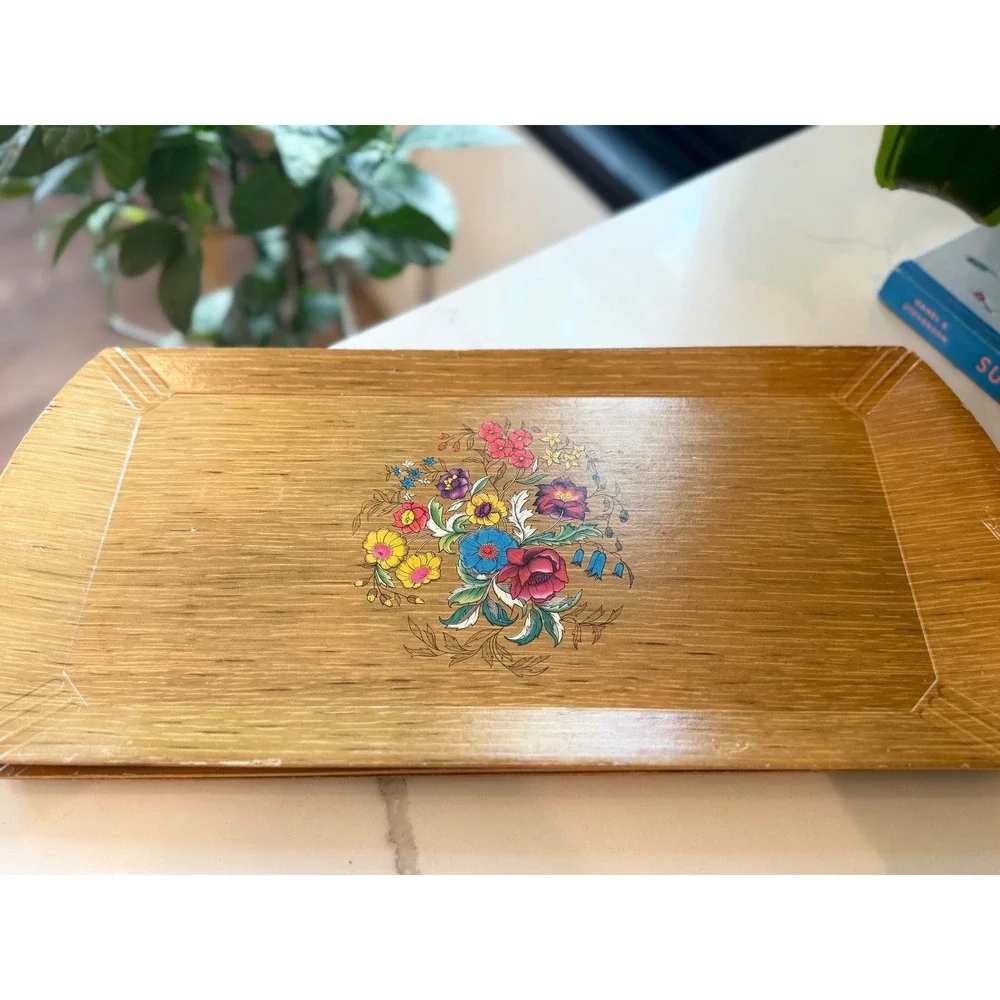 Vintage Hasko De Luxe Lap Tray Mid Century Faux Wood Floral Lithograph MCM 16x8